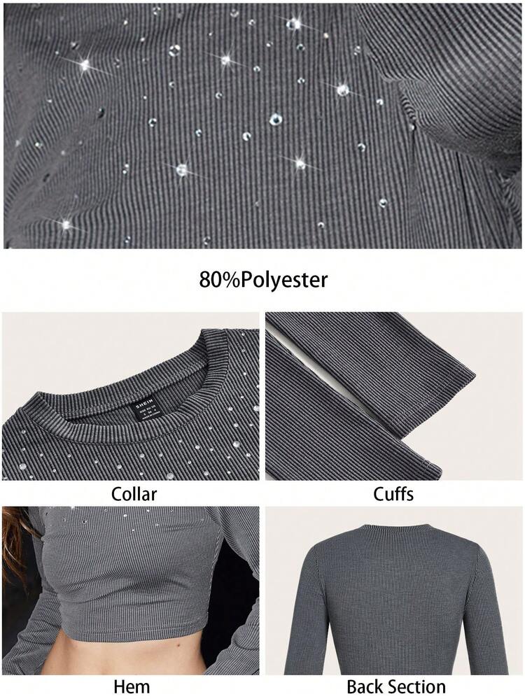 SHEIN Maija Damen Grau vielseitige moderne urbane Lässig Fashion Design glänzender Strass-Akzent Drop Shoulder Langarm Crop Top, Ganzjährig Hippie