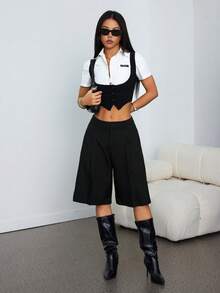 SHEIN PETITE 女士休闲灰色百慕大短裤，适合通勤，春季阔腿短裤，女士长款短裤，阔腿短裤，女士保守短裤，宽松短裤 - 黑色 - 查看 4