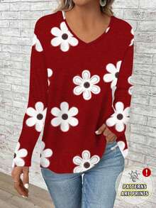 EMERY ROSE Áo thun dài tay dáng rộng, cổ chữ V, in hoa, dành cho nữ cỡ lớn - Đỏ - Xem 3