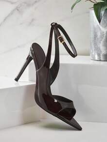 SHUZIA Giày sandal cao gót mũi nhọn hở gót, quai ngang mắt cá chân, màu sô cô la bóng bẩy, dành cho nữ, thích hợp cho khiêu vũ, tiệc tùng, mùa xuân hè, kỳ nghỉ. - Màu nâu Sô-cô-la - Xem 8