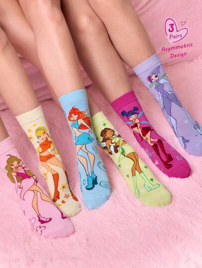 The Winx X SHEIN 3Pairs Women & Girls Unmatched Socks Soft & Breathable Moisture-Wicking Casual Mid-Calf Socks With Sweet Cartoon Pattern Fashionable Cute Candy Colored Crew Socks Reinforced Toe & Heel For Durability All Season All-Match Summer Winter,Graphics Socks,Y2K