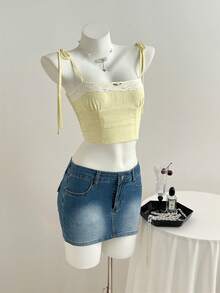 Elamini 女士蝴蝶刺绣水洗牛仔紧身迷你裙 - 中等水洗藍 - 查看 5