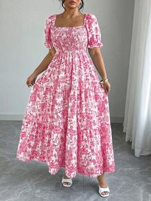 Elenzga Women's Bohemian Pink Random Print Long A Line Plus Size Dress With Square Neck Shirred Short Puff Sleeves And Flared Hem Resort Style - Pink - View 5