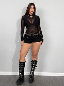 Whyspr Body transparent din plasă geometrică, stil gotic sexy, mărime mare, stil stradal la modă, primăvară/vară - Negru - Vizualizare 3
