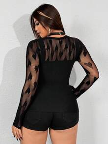 Whyspr Plus Size Women's Sexy V-Neck Hollow Heart Mesh Long Sleeve Fitted Top, Suitable For Spring, Summer, Autumn