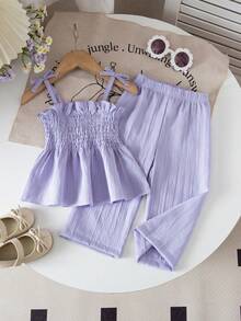 Souflis Souflis Baby Girl Solid Color Woven Camisole And Elastic Waist Pants Set - Purple - View 1