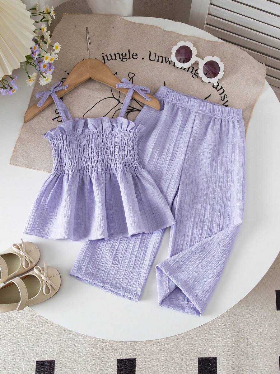 Souflis Souflis Baby Girl Solid Color Woven Camisole And Elastic Waist Pants Set - Purple - View 1