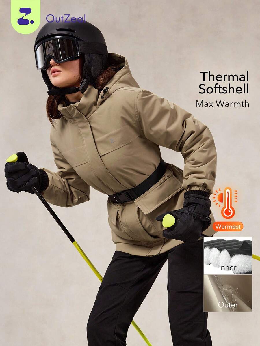 OutZeal Ski Jacket Women Outdoor Jackets Winter Skiing Hiking Thermal Quilted Lined Windproof Water-Resistant Outdoor Tops - Khaki - View 1