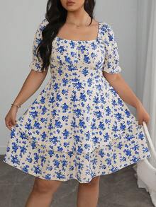 Elenzga 大码女式优雅法式蓝白碎花双层荷叶边短袖连衣裙，夏季 - 彩色 - 查看 5
