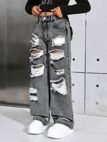 SHEIN Jeans rectos anchos y rasgados con efecto desgastado estilo callejero de Y2K para niñas preadolescentes, ropa y conjuntos de otoño para niñas - Lavado ligero - Ver 6