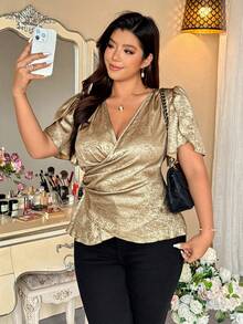 Vionelle 大码女式时尚泡泡袖腰带褶皱亮面面料衬衫 - 金色 - 查看 4