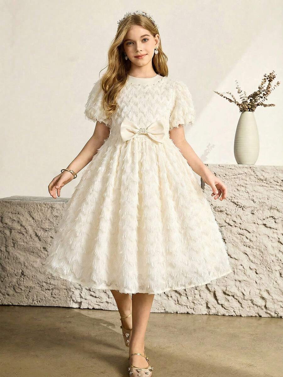 SHEIN 女童优雅奢华公主裙，粉色波浪流苏纹理面料，泡泡袖圆领收腰X形喇叭裙 - 粉色 - 查看 1