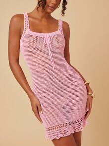 Travachic 女士镂空系带性感粉色针织连衣裙 - 粉色 - 查看 5