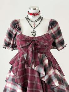 Sunspun 大码格子印花长袖不对称下摆半身裙 - 酒紅色 - 查看 5