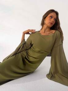 Aloruh Women's Glamorous Elegant Olive Green Autumn Party Night Chiffon Batwing Sleeve Satin Bias Skirt Maxi Dress - Khaki - View 7