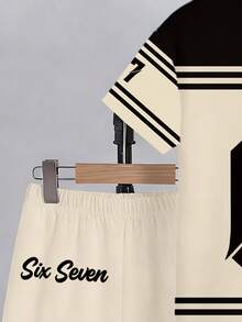 SHEIN Explorewe 2件套幼儿男童休闲时尚创意数字67条纹黑米色字母印花短袖T恤和短裤套装，舒适日常穿着，温暖夏日风格，适合春夏季节。 - 彩色 - 查看 5