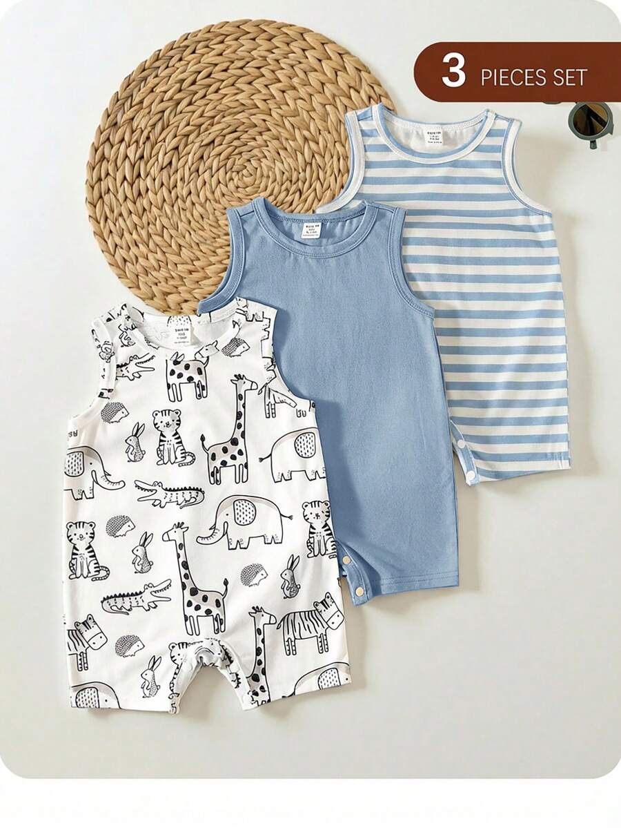 3pcs Newborn Baby Boy Cute Cartoon Striped Sleeveless Knit Romper Set, Summer