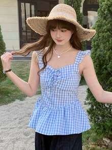 K-Vae Women's Blue Plaid Cap Sleeve Cropped Waist Camisole Top, Summer - Multicolor - View 4