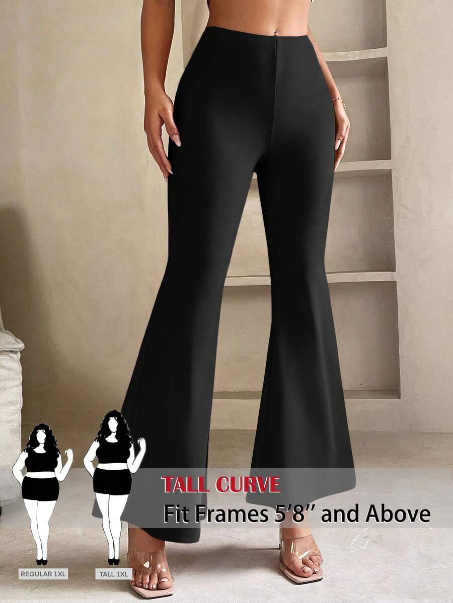 SHEIN Tall CURVE 新款加大码女式高个纯色休闲喇叭裤，女式喇叭打底裤，职业装，修身女式工作服，办公室工作裤，女式高腰裤，高腰设计让您看起来更苗条，腿部更修长，适合高个女性。高腰设计让您看起来更苗条，腿部更修长，适合高个女性。复古风格，适合所有季节和场合，适合高个女孩和女性，夏季喇叭裤，夏季喇叭裤，夏季喇叭裤，夏季套装，阔腿裤，职业裤，优雅裤，休闲裤，夏季高腰显瘦阔腿裤，优雅女士礼服裤，优雅派对裤，优雅女士裤，优雅长裤裤子、女士度假装、女士假日装、夏季假日装、夏季度假装、女士休闲裤、女士性感裤、狂欢节服装、2026年狂欢节女士造型、2026年狂欢节女士服装、狂欢节女士装扮 - 黑色 - 查看 1
