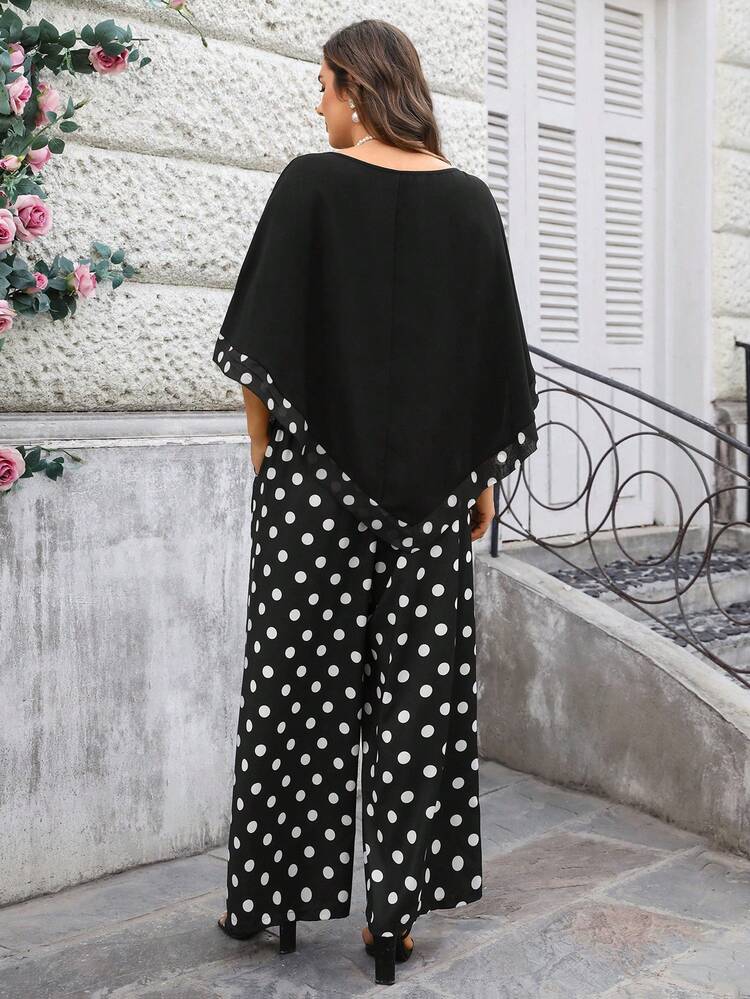 Plus Size Women Black And White Polka Dot Patchwork Asymmetric Hem Top And Wide Leg Pants,Elegant 70's Summer Vacation Party Casual 2 Pieces Set