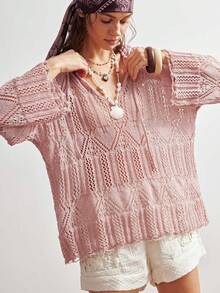 Bohemela Boho Spring/Summer , Vintage Women's Solid Color Hot Pink Minimalist Hollow Long Sleeve Hooded Sweater, Everyday Wear, Valentines For Women, Western Country Style Concert Party, Suitable For Beach Vacation & Daily Wear & Back To School & Going Outs & Party, Christmas , 2000s , Summer Holidays - Dusty Pink - View 2