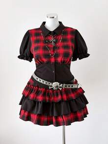 Sunspun 暗黑洛丽塔喇叭袖镂空设计上衣+格子泡泡裙套装，新款复古朋克暗黑优雅性感格子泡泡袖收腰衬衫Polo领上衣搭配松紧腰层叠蛋糕裙迷你两件套 - 彩色 - 查看 3