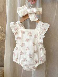 Vintaside Kids 新生儿无袖休闲碎花连体衣，适合夏季居家休闲或户外购物穿着 - 杏色 - 查看 3