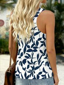 EMERY ROSE Women's Casual Loose Fit Plant Print Round Neck Tank Top, Suitable For Vacation - Khaki - View 2