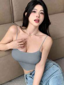 DAZY Seamless Camisole With Padded Bust, Solid Color Undershirt For Women, Suitable For All Seasons - Blue - View 5