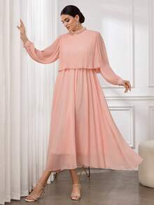 Modelyn Elegant Luxury Pleated Collar Patchwork Rhinestone Decor Women Slim Fit Flattering Romantic Dress - Pink - View 4