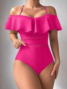 SHEIN Swim 女士纯色露肩吊带荷叶边下摆时尚度假沙滩连体泳衣 - 粉色 - 查看 3