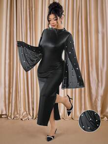 Elenzga Vestido Plus Size Com Mangas Assimétricas Em Patchwork Pu E Chiffon, Elegante Para Passeios, Festas, Encontros, Reuniões E Eventos Formais. - Preto - Ver 7