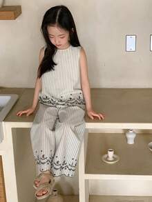 DAZY 两件套女童条纹无袖上衣和阔腿裤套装，秋季穿搭 - 杏色 - 查看 6