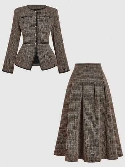 SHEIN MOD Plus Size 2-Piece Women's Tweed Color-Blocked Button Set, Long Skirt Suit, Women's Solid Color Long-Sleeved Single-Breasted Elegant Tweed Blazer, Autumn And Winter Clothes, Polished Silver Button Dec