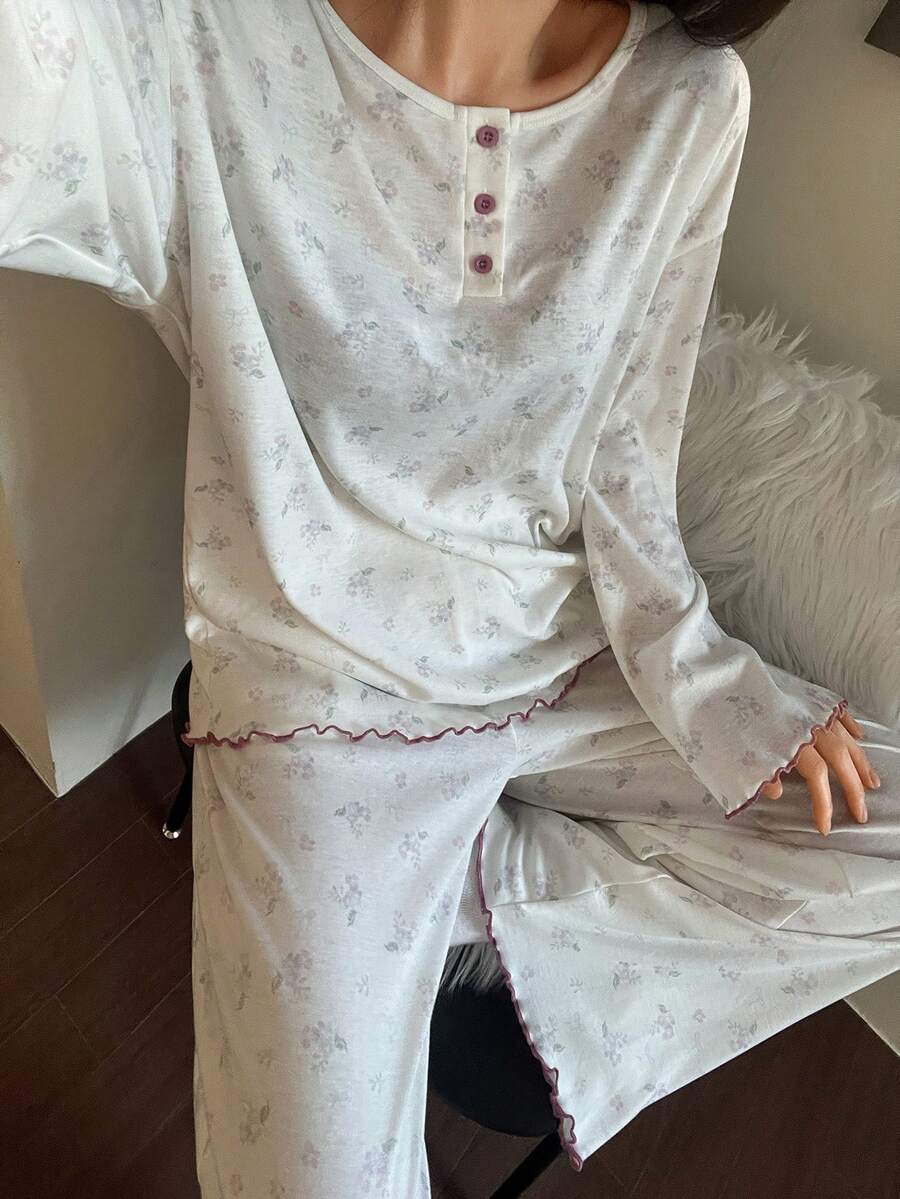 DAZY Floral Contrast Trim Loose Women Pajama Set - White - View 1