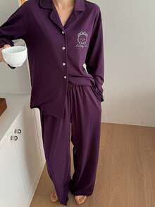 DAZY 2pcs Women Bear Graphic Loose Cardigan Long Sleeve & Pants Pajama Set, Autumn - Purple - View 9