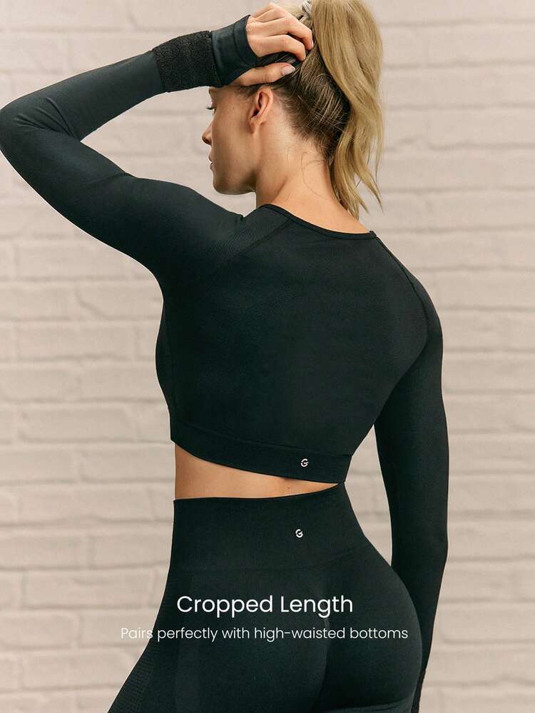 Second-Skin Seamless High Energy Sweat-Wicking Built-In Cups Breathable Mesh Henley Neckline Thumbholes Cropped Long Sleeve Top Medium Impact Training Running Workout Autumn Winter Outdoors Daily Active Wear