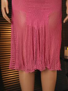 2pcs/Set Women's Stand Collar Tank Top And Mini Skirt Sexy Mesh Outfit - Pink - View 8