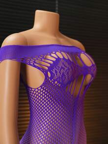 ChaseTheNight 1件装女士露肩渐变镂空性感网纱内衣连衣裙 - 紫色 - 查看 8