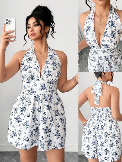 Elenzga Mono elegante de estilo retro francés casual y de vacaciones con escote en V y cuello halter, con estampado floral azul ditsy