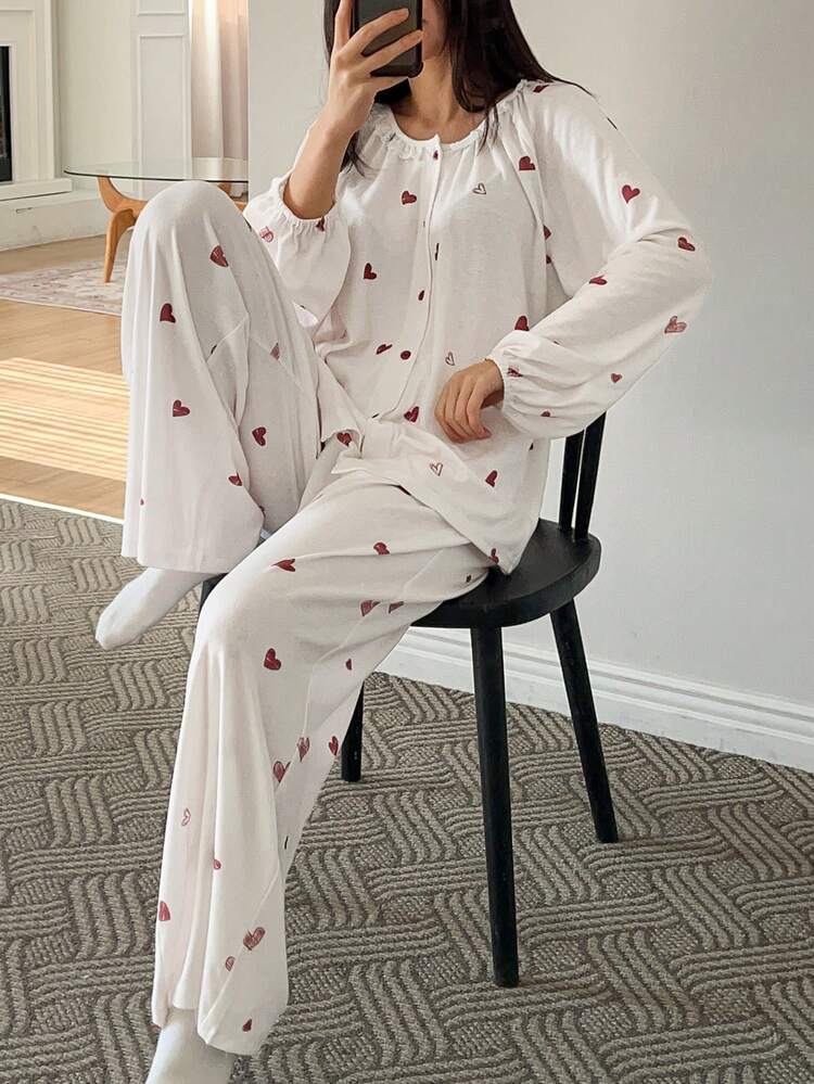 Heart Pattern All-Over Print Loose Fit Raglan Sleeve Women Pajama Set