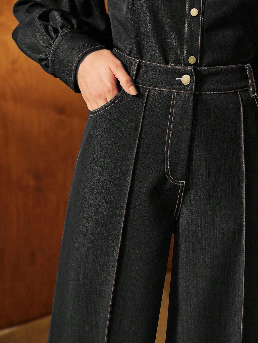 Anewsta Quần ống đứng cạp cao thanh lịch dành cho nữ, phù hợp cho công sở, mùa thu, mùa đông, dịp năm mới, sang trọng, sành điệu, Giáng sinh, đi chơi. - màu đen - Xem 1