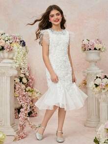 Váy ngắn voan chiffon cổ Peter Pan tay lửng họa tiết hoa dễ thương cho bé gái, thích hợp cho đám cưới, tiệc tùng, sinh nhật, ngày lễ tình nhân - trắng - Xem 6