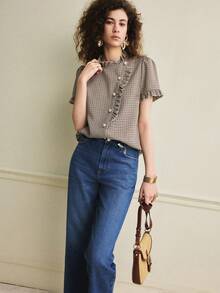 Écloséra 女士休闲荷叶边格子短袖衬衫，夏季 - 杏色 - 查看 4