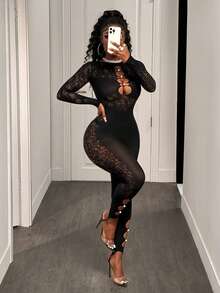 BamGleam Women's Sexy Hollow Out Mesh See-Through Jumpsuit - Black - View 7