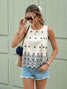 Serisse Áo nữ dáng rộng xếp ly in hoa, không tay, phong cách nghỉ hè, áo kiểu bohemian cổ tròn không tay dáng rộng cho kỳ nghỉ hè. - Màu be - Xem 4