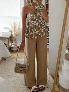 Weeklong Plus Size Women Casual Vacation Spaghetti Strap Square Neck Embroidered Ruffle Hem 2 Piece Set, Spring/Summer - Khaki - View 8