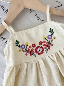 LMoss Kids 女婴花卉刺绣吊带娃娃衫和阔腿裤套装，休闲假日风 - 米色 - 查看 4