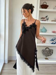 Elouméa Camiseta sin mangas de mujer de estilo urbano casual con cuello en V, bajo asimétrico de encaje y parches de unicolor - Marrón Chocolate - Ver 5