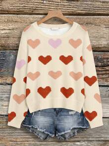 EMERY ROSE 女士休闲露肩毛衣 - 秋冬装。复古米色和粉色爱心图案，大地色系。适合休闲外出、度假、居家穿着，打造波西米亚风情，也是馈赠佳品，情人节礼物之选。 - 彩色 - 查看 6